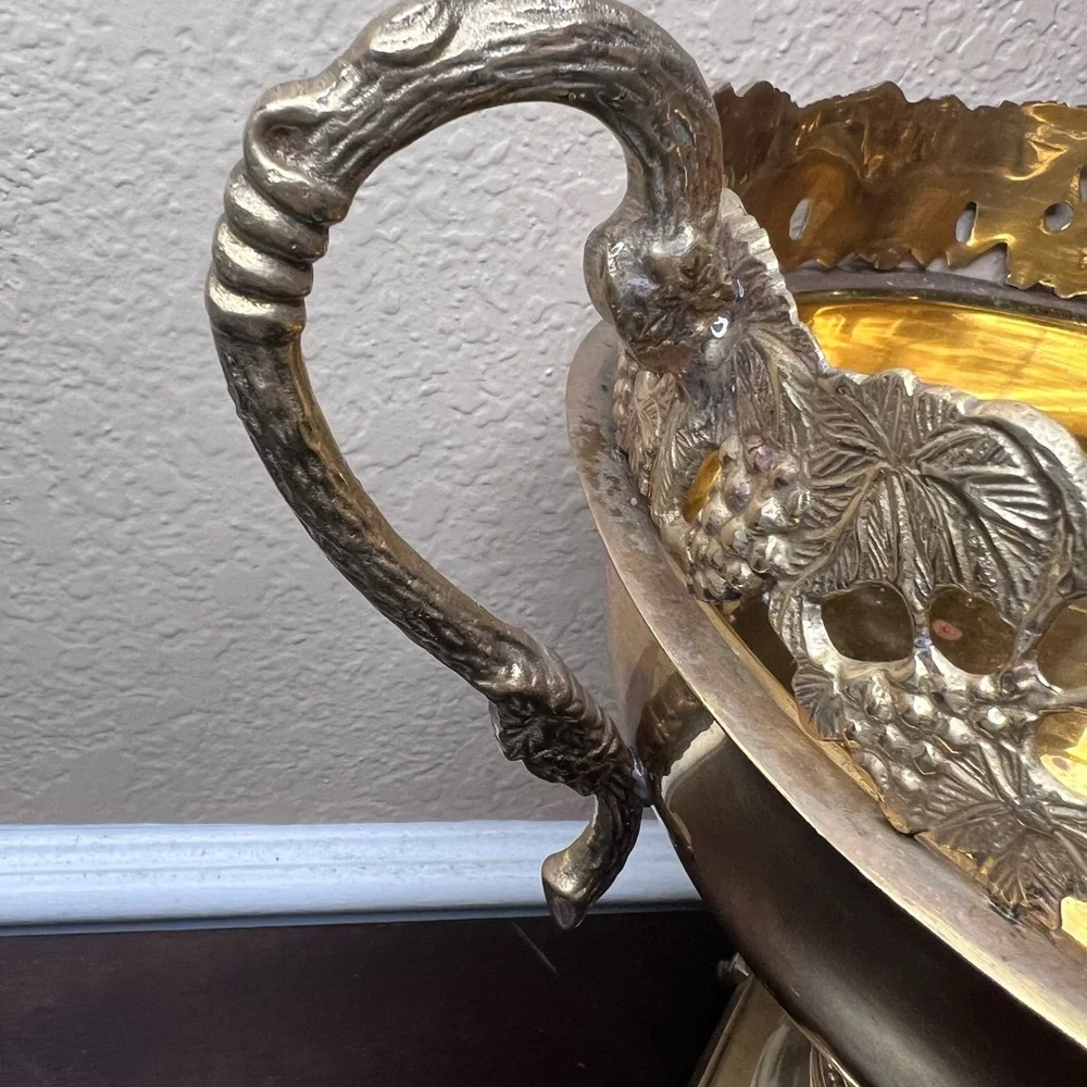 Mid-Century Brass Pedestal Urn Bowl – Pierced Rim, Vine Handles, Grape Cluster